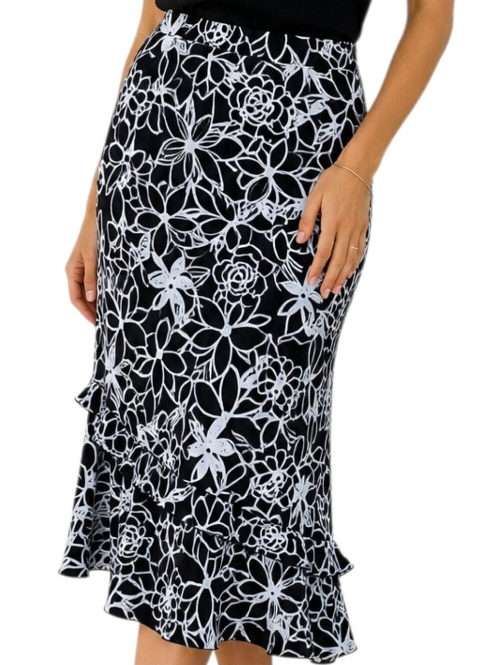 Sport Collection Tiered Midi Skirt Women 8 Black White Floral Ruffle